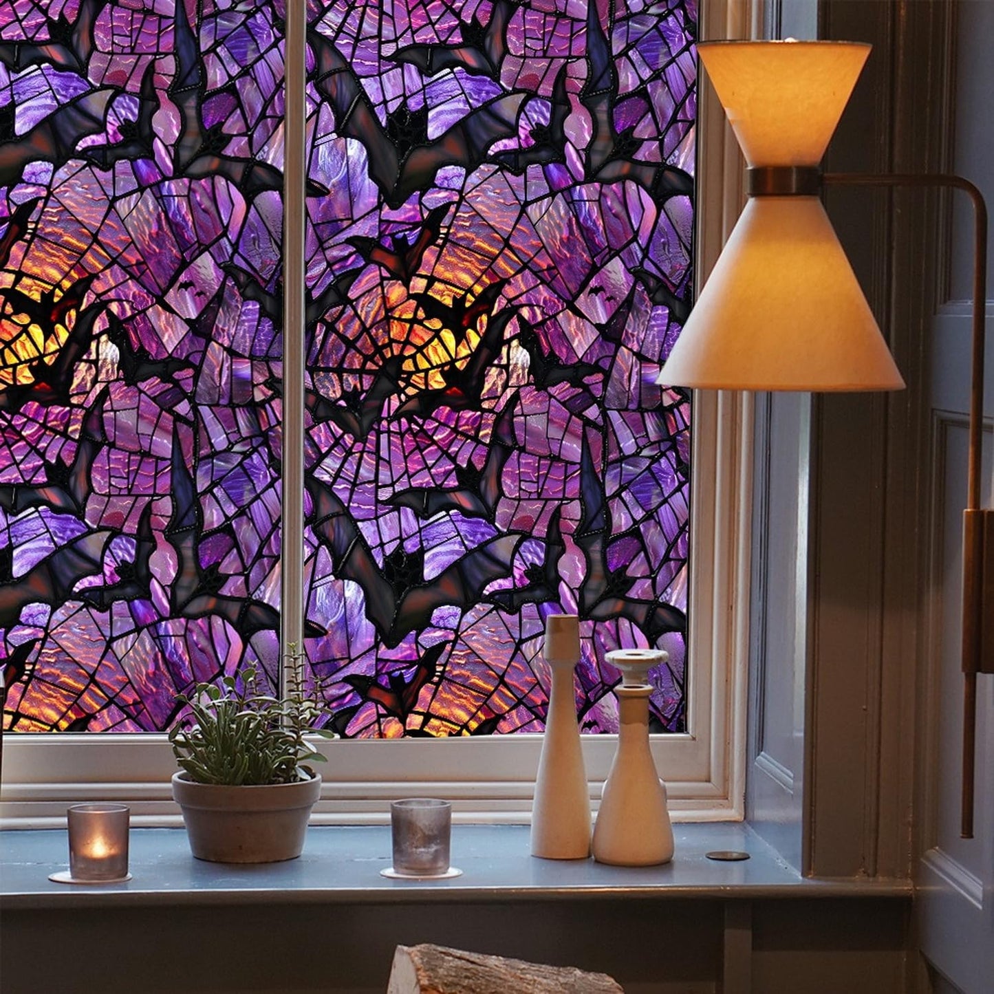 Halloween Window Stickers Privacy Film Static Window Sticker Decal Halloween Bat Window Decals Film Purple Stained Glass Clings Windows Art for Home School Office Glass Decoration