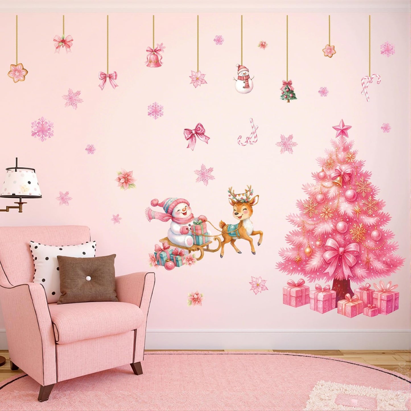 TOARTI Large Pink Christmas Tree Wall Decals Merry Christmas Window Clings Pink Xmas Tree Wall Sticker for Living Room Xmas Party Supplies Winter Holiday Party Decor