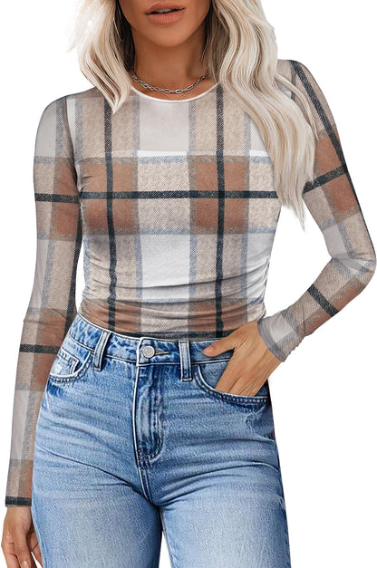 XIEERDUO Women's Sexy Sheer Long Sleeve Tops Crew Neck Mesh Ruched Going Out Shirts Blouse Date Night Outfits