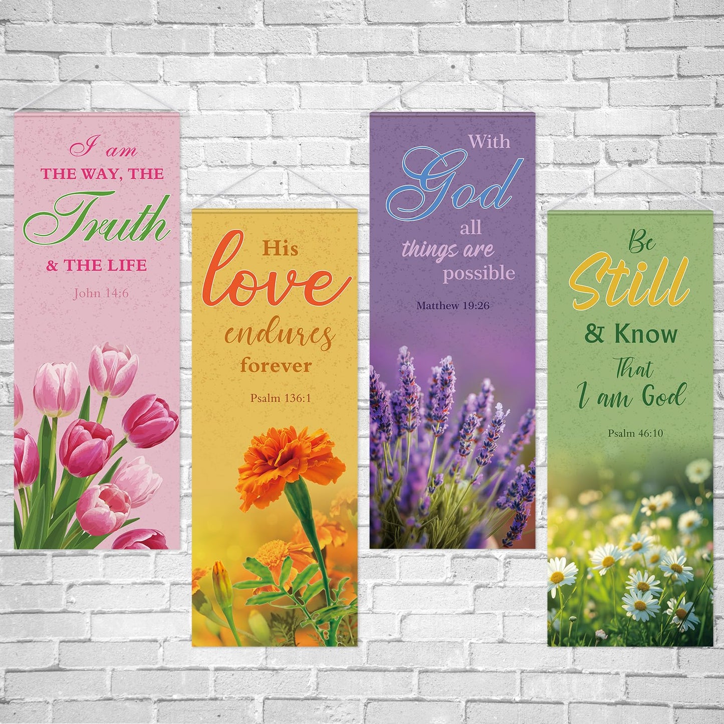 Panelee 4 Pcs Church Banners for Sanctuary Wall Blooming Flower Church Banners with Scripture Inspirational Religious Praise Bible Verses Hanging Backdrop Signs for Sunday School Worship Decoration