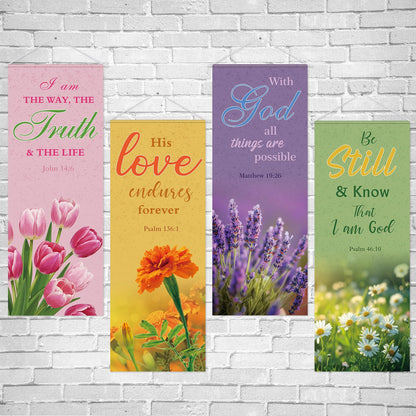 Panelee 4 Pcs Church Banners for Sanctuary Wall Blooming Flower Church Banners with Scripture Inspirational Religious Praise Bible Verses Hanging Backdrop Signs for Sunday School Worship Decoration