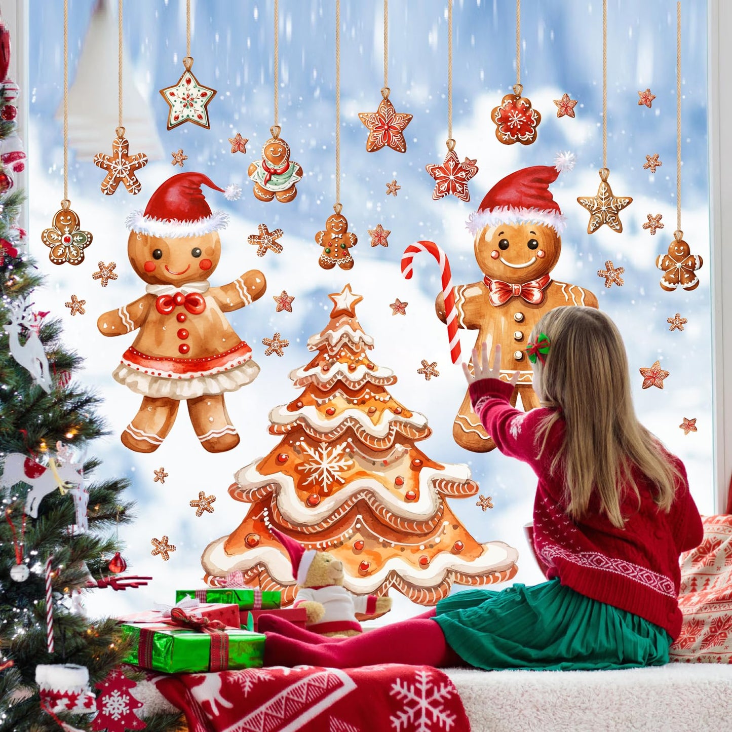 Christmas Window Decoration Clings Gingerbread Decals for Glass Double-Side Xmas Tree Holiday Window Decal Reusable Removable Snowflake Static Cling for Indoor Home Office Display Winter Decoration