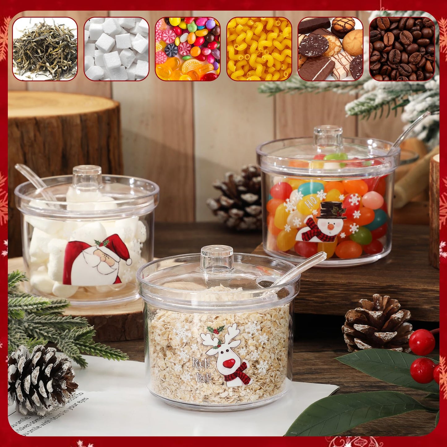 FYSUIMU 3Pcs Christmas Hot Cocoa Bar Supplies with Lid Spoon 6.8 Oz Acrylic Sugar Bowl Santa Snowman Reindeer Xmas Candy Jar Clear Kitchen Storage Container for Home Coffee Bar Holiday Party