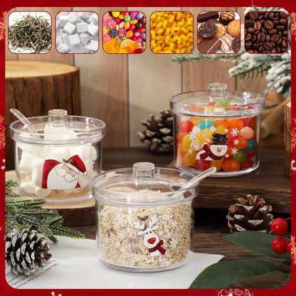 FYSUIMU 3Pcs Christmas Hot Cocoa Bar Supplies with Lid Spoon 6.8 Oz Acrylic Sugar Bowl Santa Snowman Reindeer Xmas Candy Jar Clear Kitchen Storage Container for Home Coffee Bar Holiday Party