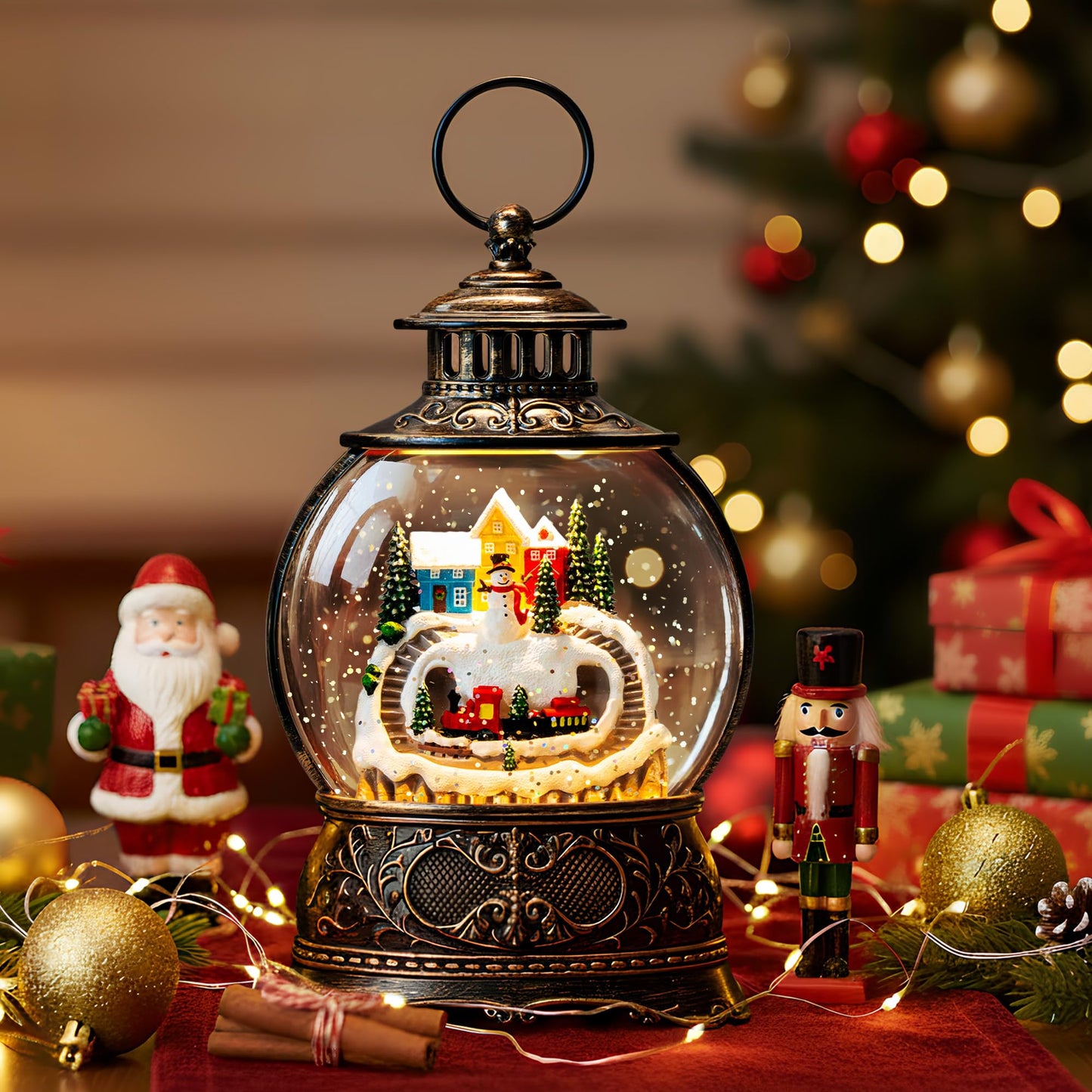 Christmas Village Snow Globe Lantern – LED Musical Swirling Glitter Water Globe, Snowy Village with Train, Battery or USB Powered, Auto Timer – Tabletop Decor & Gift