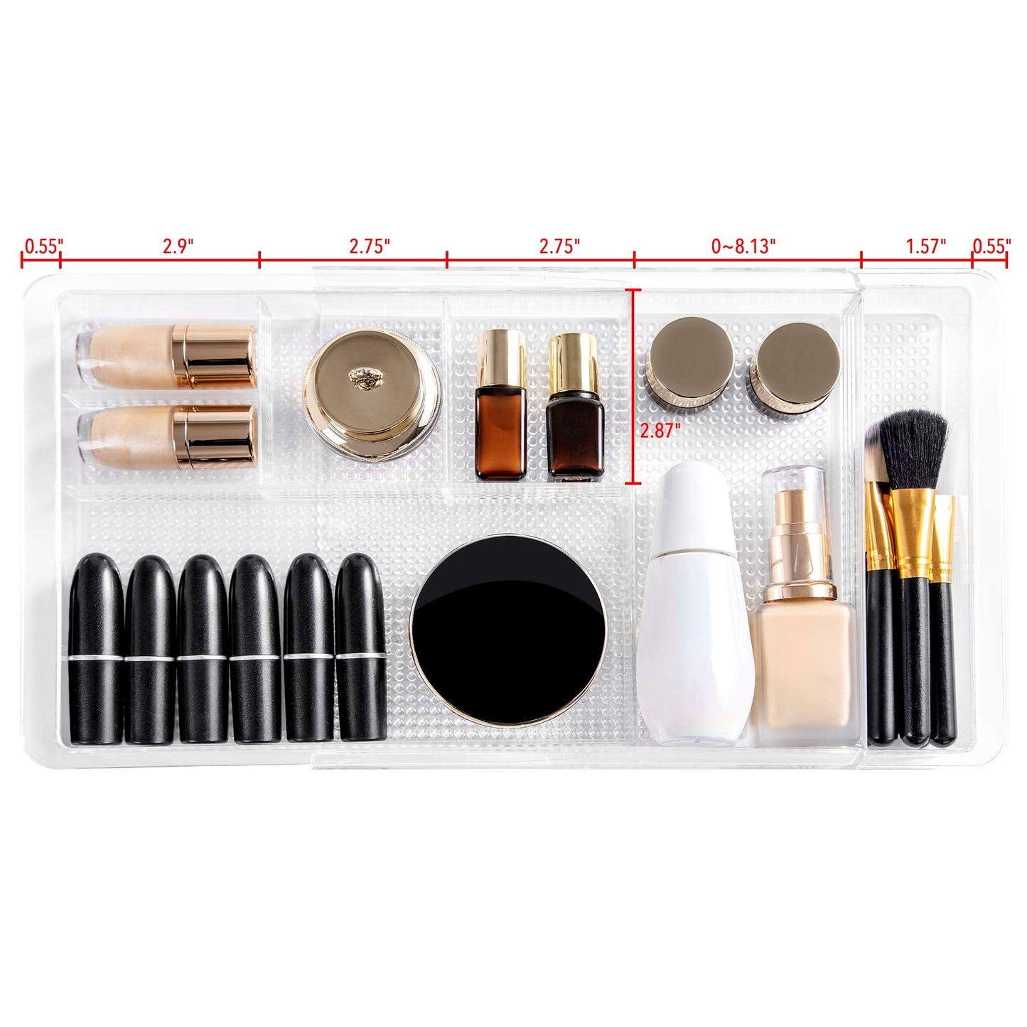 Oubonun Expandable Drawer Organizer 11.1” to 19.2” Width, Shallow Cosmetic Organizer 1.3” Height, 4 Packs, Clear Plastic Storage Trays for Dressing Table,Bathroom