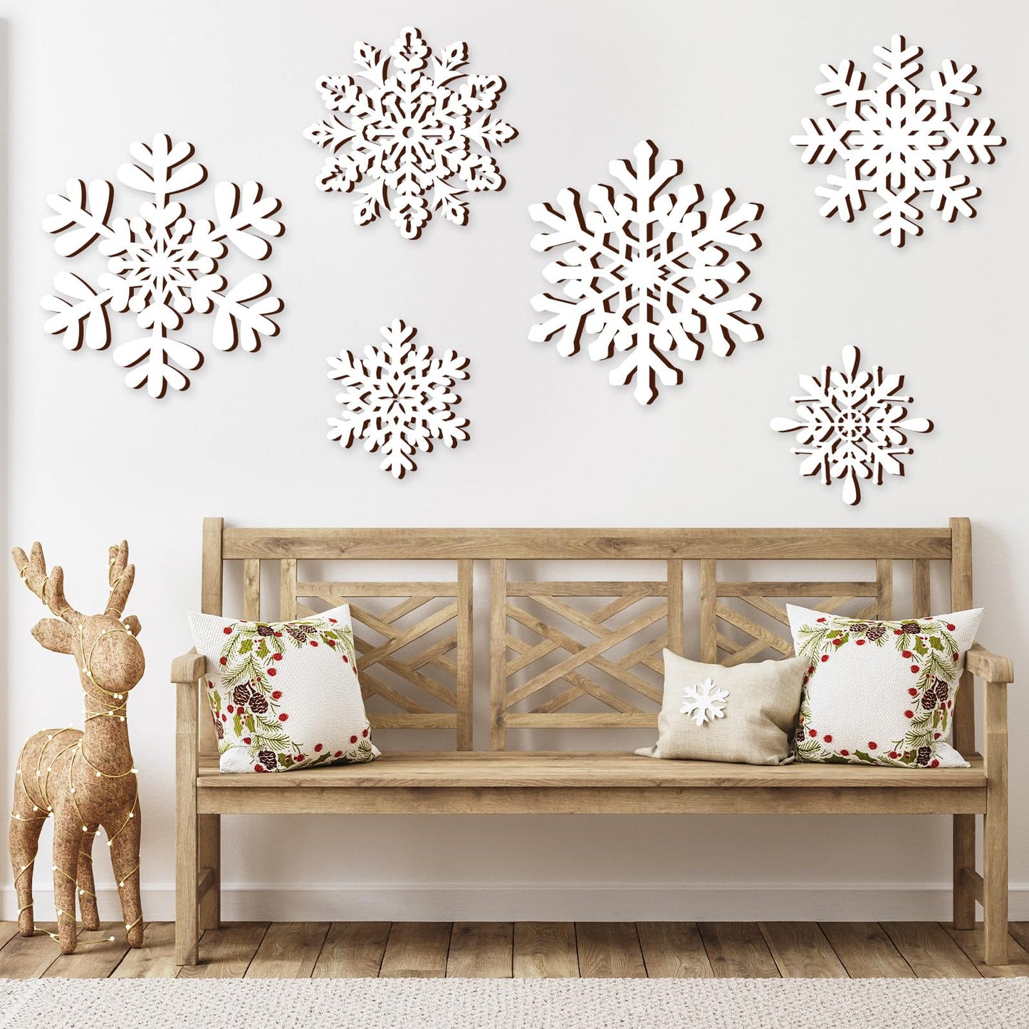 Whaline 6 Pcs Christmas Snowflake Wooden Wall Decor White Snowflake Shaped Wood Wall Art Sign with Hook for Home Farmhouse Xmas Winter Hanging Ornament