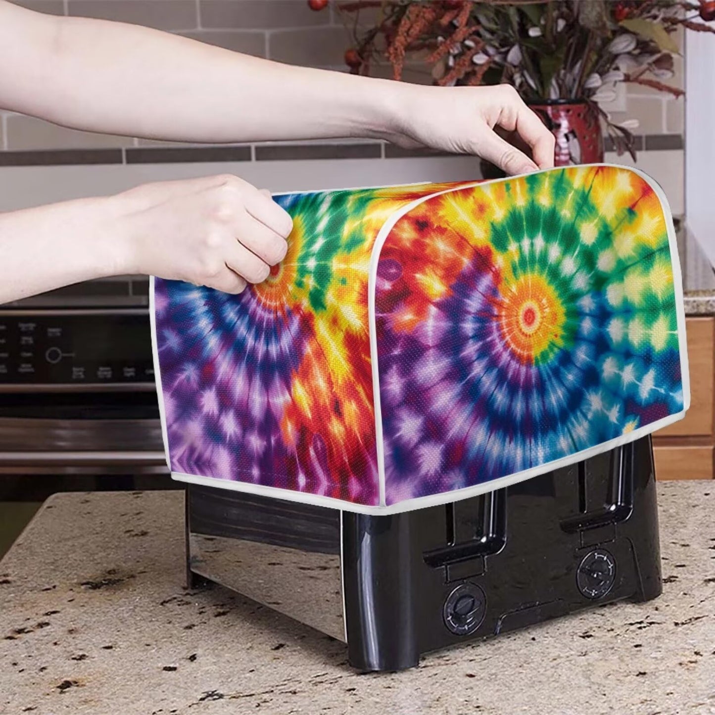 ASQVTIFE 4 Slice Toaster Covers for Kitchen Rainbow Tie Dye Dust Covers for Kitchen Appliances Bread Machine Oven Dust Cover Top Handle Design Greasy Protection Anti Sputtering