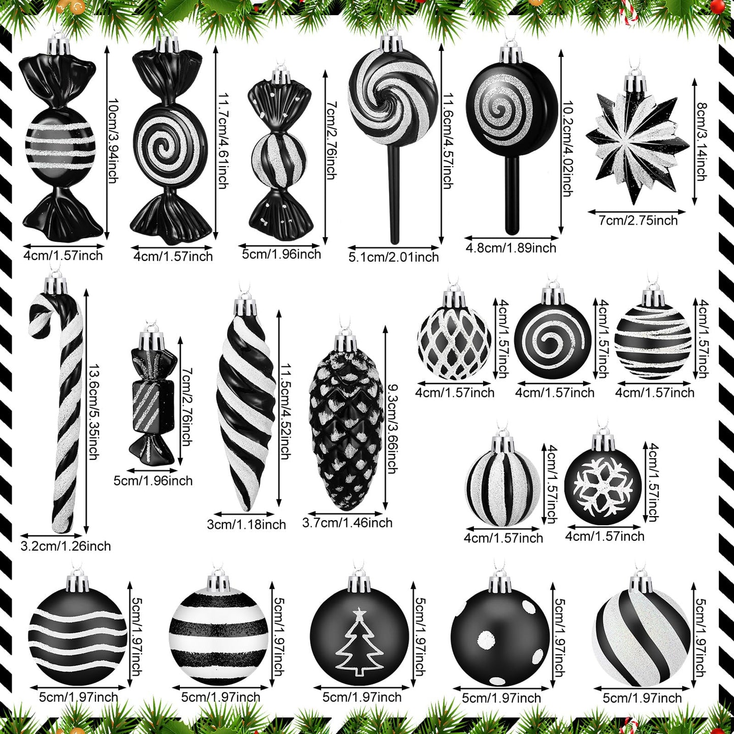 Knitgrip 50 Pcs Christmas Candy Cane Lollipop Ornaments Christmas Peppermint Candy Tree Balls Decorations with Rope Plastic Xmas Hanging Ornaments for Party Decor(Black, White)