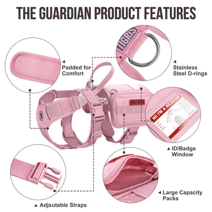 OneTigris Service Dog Vest Harness, Service Dog Cape Guardian Dog Backpack Harness with Pouches Dog Saddle Bag for Small Medium and Large Dogs (Pink, M)