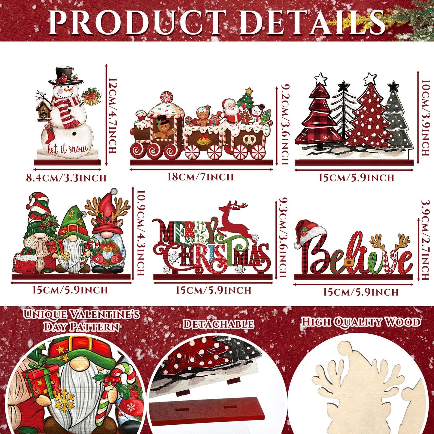 Realspring 6 Pcs Christmas Table Decorations Wood Centerpieces Decor Merry Christmas Gingerbread Gnome Xmas Tree Tabletop Standing Signs(Classic Style)