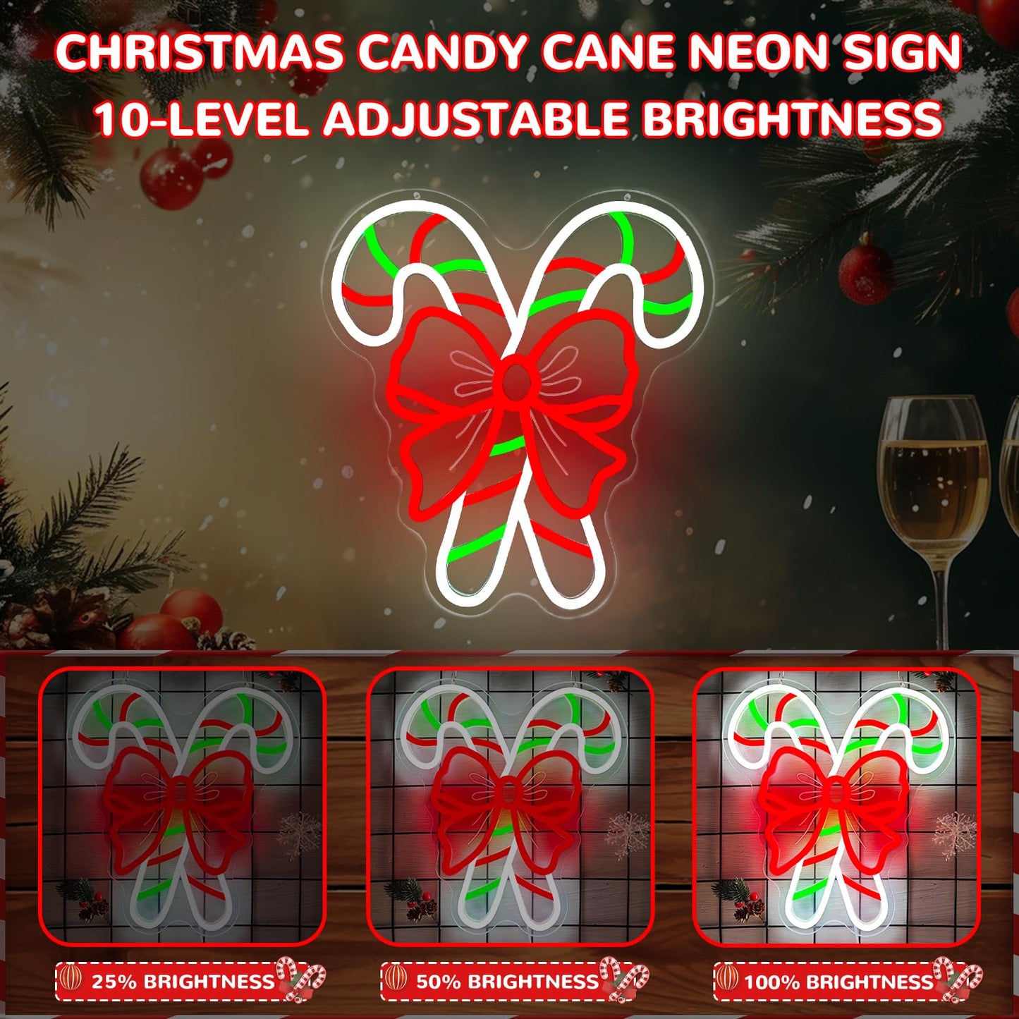 hhuohuona Christmas Neon Sign Dimmable Candy Cane Window Lights Light Up Candy Canes With Bow Led Sign Candyland Christmas Decorations Xmas Neon Wall Decor for Home