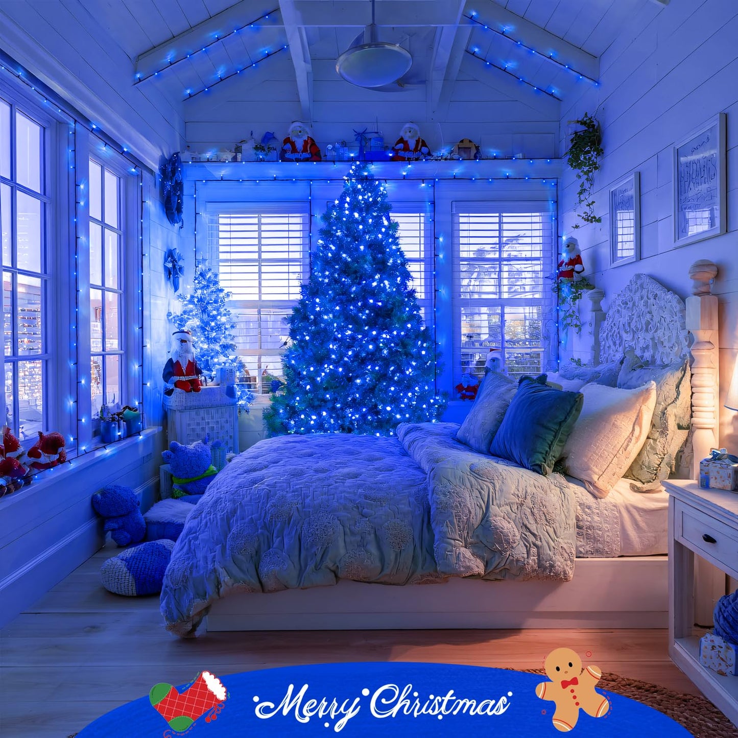 JMEXSUSS 2 Pack 100 LED Blue Christmas Lights Battery Operated, Each 33 FT Blue String Lights Indoor Outdoor Waterproof，Christmas Tree Lights with Remote for Garden Porch Yard Decor