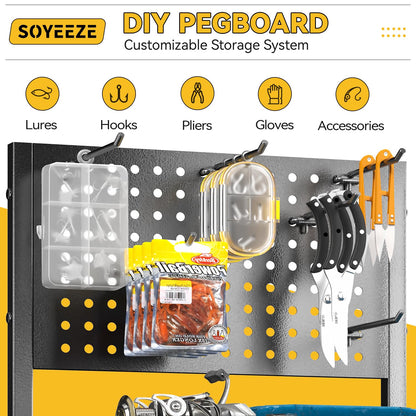 SOYEEZE Fishing Rod Holders for Garage, 3 Storage Boxes for Reels & Fishing Accessories, 10 Rod Capacity Fishing Pole Holder with Pegboard, and 3-Tier Shelf for Tackle Box, Fishing Gear Organizer