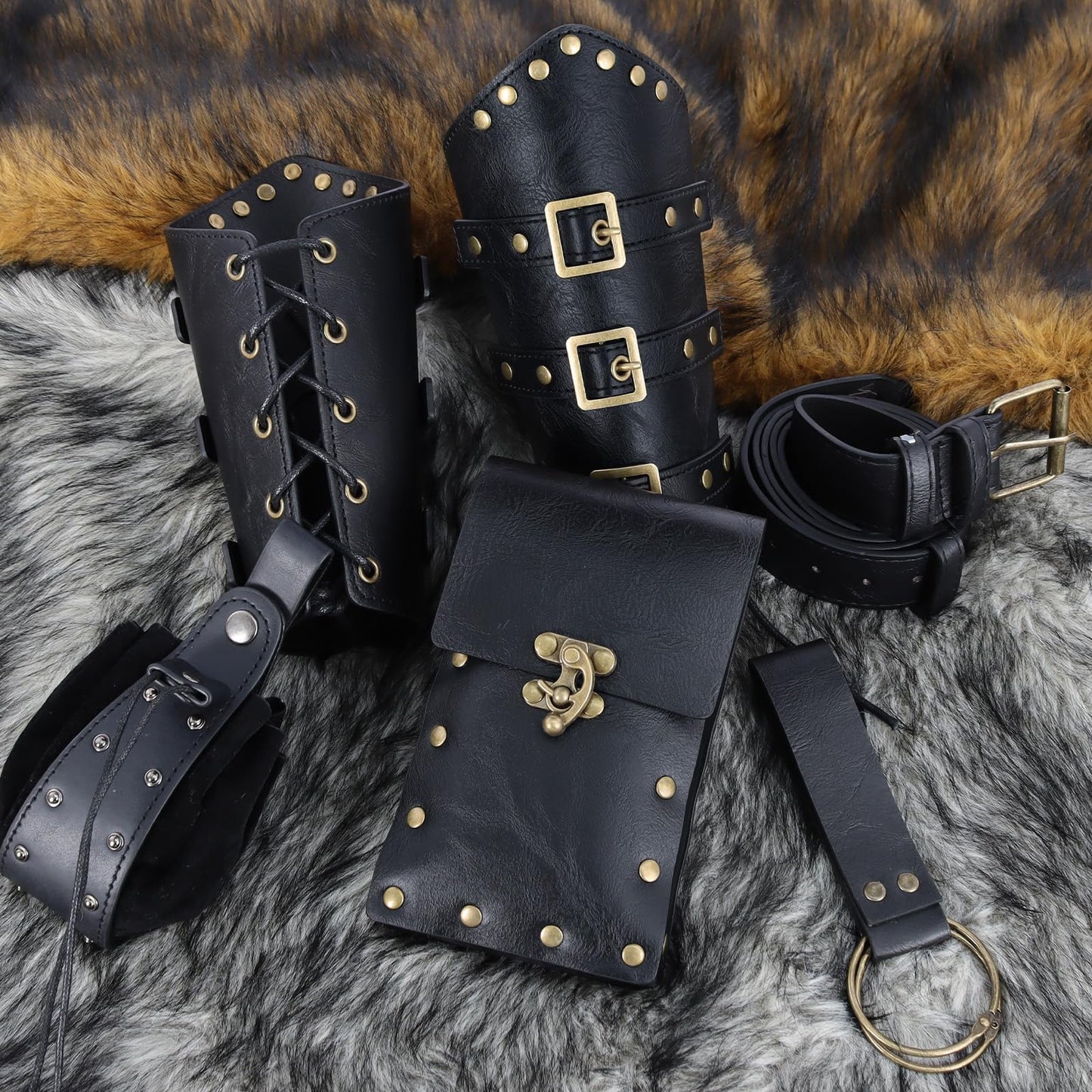 Renaissance Belt Pouch Set Medieval Viking Pirate Leather Belt Pouch & Bracers, Festival Accessories for Halloween (Black)