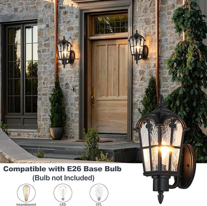 Sucolite Outdoor Wall Light Fixtures Wall Mounted, Exterior Waterproof Porch Lights Wall Lanterns, Outside Wall Sconces with Water Ripple Glass for House Front Door Garage, Retro Vintage Style, 2 Pack