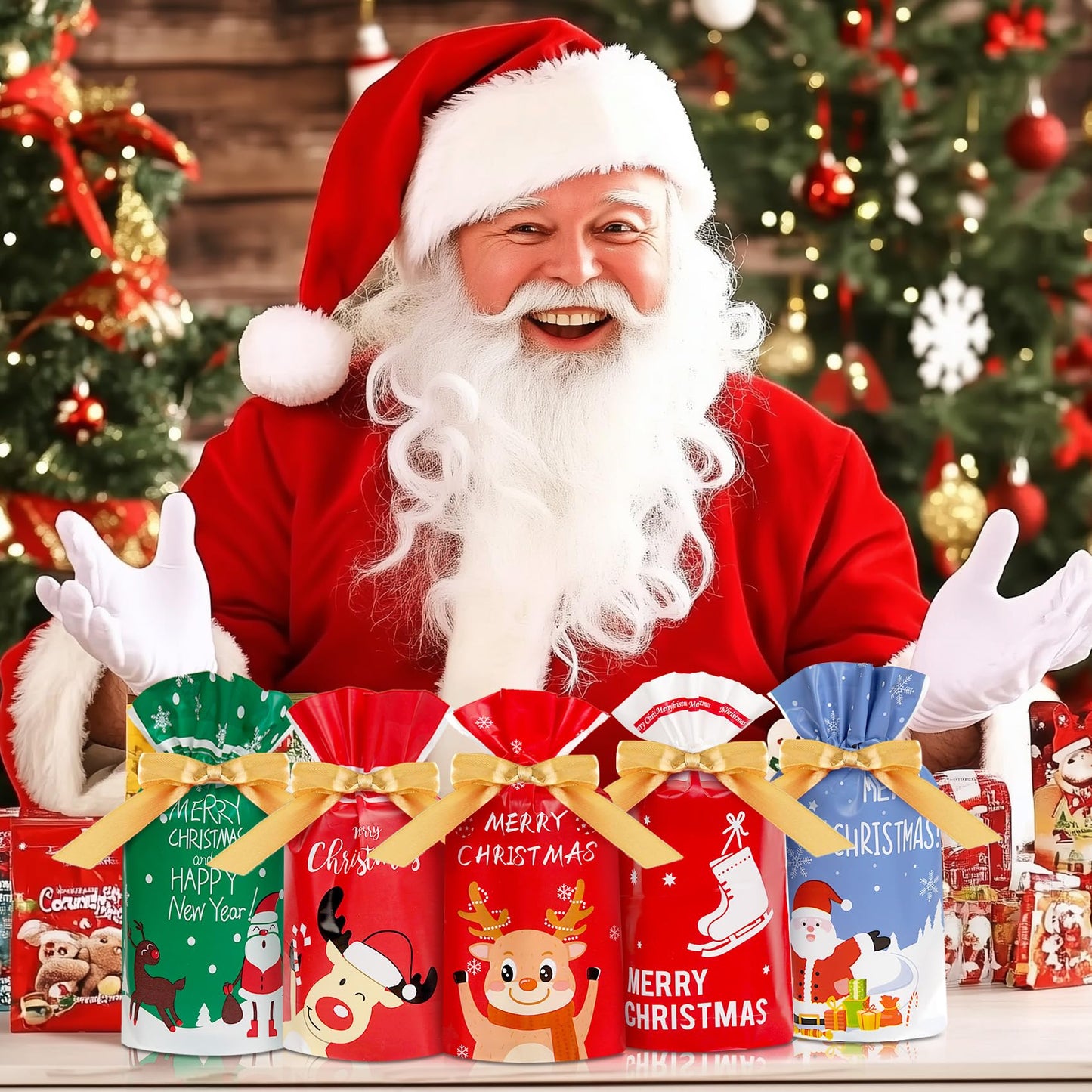 DLY 50 Pcs Christmas Candy Bag Treat Bags Candy Goodies Plastic Drawstring Gift Bags Merry Christmas Treat Bags for Birthday Party Snack