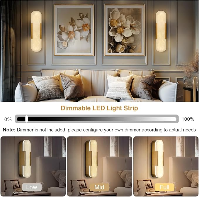 Alabaster Wall Sconces Set of 2,19.7'' Brass Wall Sconce Natural Marble Wall Sconce for Bathroom, Indoor Modern Wall Light Fixtures for Living Room Hallway Stairs Vanity Bedside, Gold
