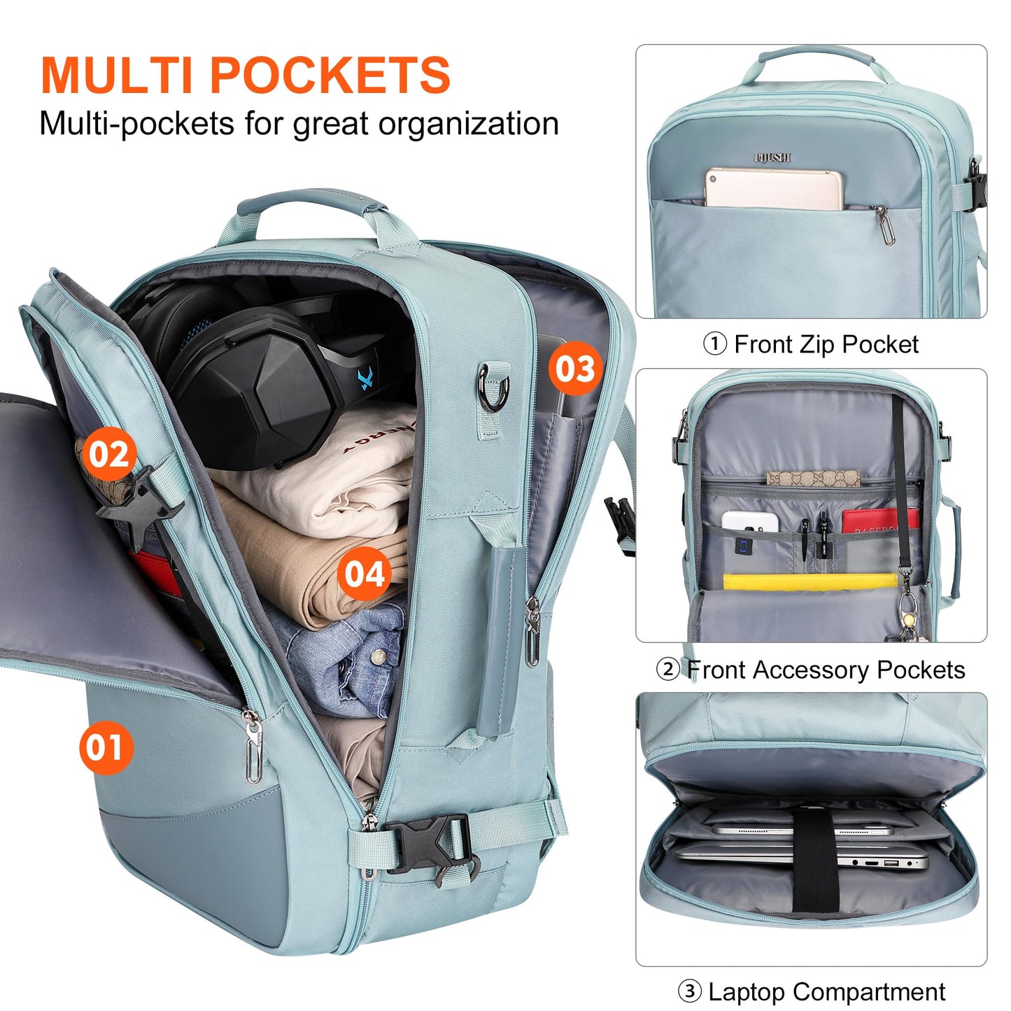 PIJUSHI Travel Backpack for Women Carry on Suitcase Backpack Flight Approved Personal Item Bag Fits 16 Inch Laptop(PE035 Blue)