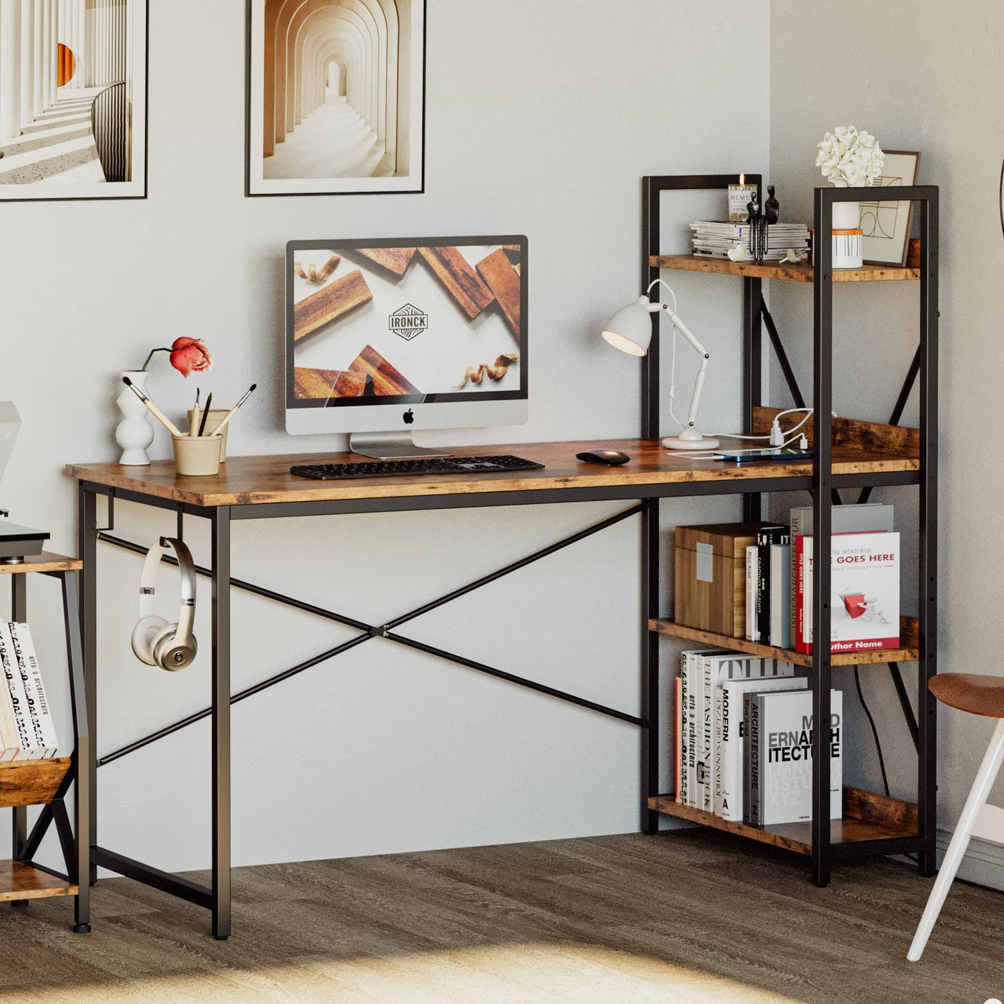 IRONCK Computer Desk 47" with Power Outlet and Storage Shelves, Study Writing Table with USB Ports Charging Station, PC Desk Workstation for Home Office, Rustic Brown