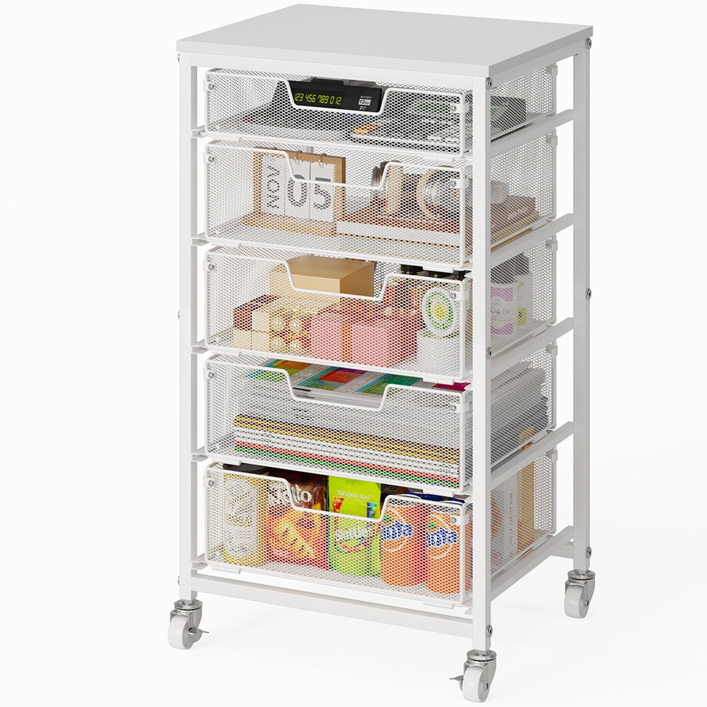 Sbanmao Utility Cart with 5 Drawers, Rolling Storage Cart with Wooden Tabletop and Lockable Wheels, Storage Drawer Cart with Drawers, Craft Cart for Bedroom, Classroom, Home, Office, White