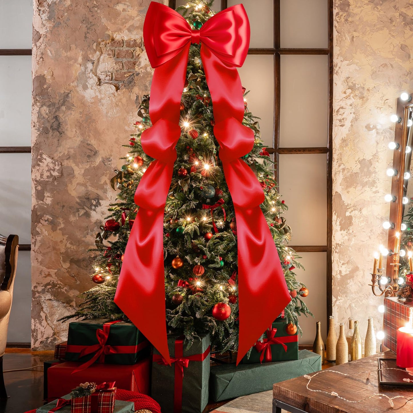Gejoy Extra Large Christmas Tree Topper Bow 118 x 28 Inch Giant Satin Red Bow with Huge Long Streamer Oversized Double Layer Burgundy Gift Wrapping for Holiday Xmas Tree Decoration Home Party Decor