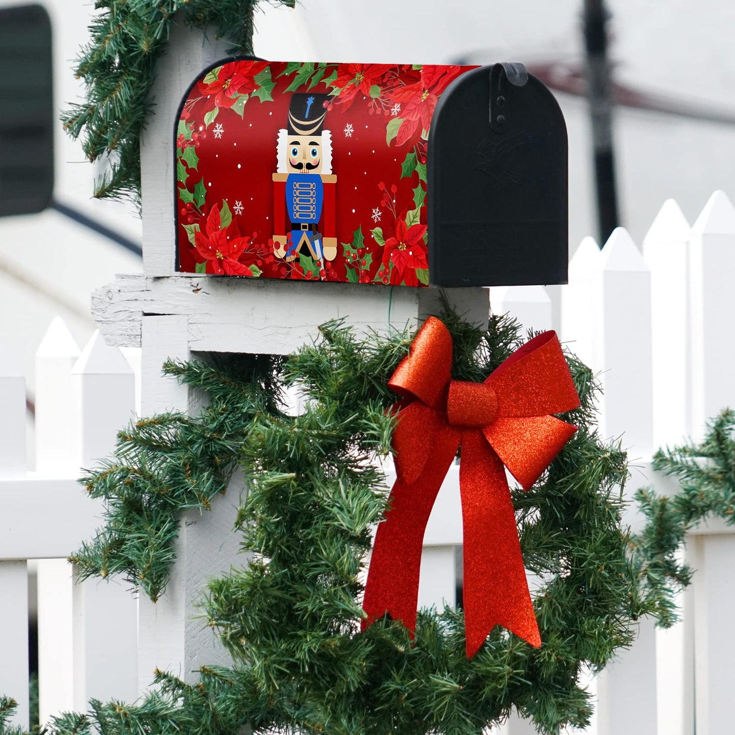 Texupday Merry Christmas Nutcracker Poinsettia Decoration Mailbox Cover with Magnetic Strip Winter Mailbox Wraps Post Letter Box Cover Standard Size 21" X 18" for Garden Outdoor Yard Decor