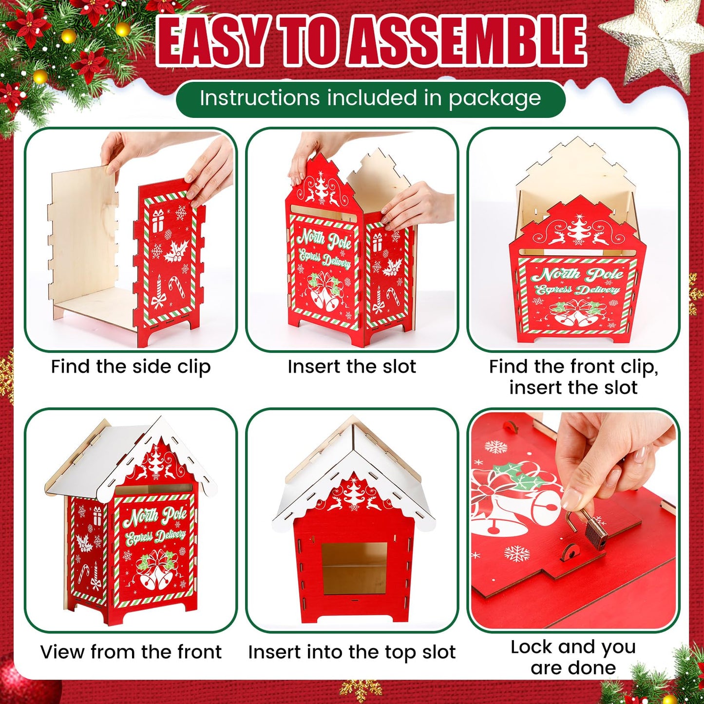 BrightRow 13.8 x 9 x 7 Inch Christmas Mailbox Letters to Santa Claus Wooden Red North Pole Delivery Mailbox Retro Outdoor Delivery Postbox for Home Classroom Gift Wish List Mantel Entryway Decorations