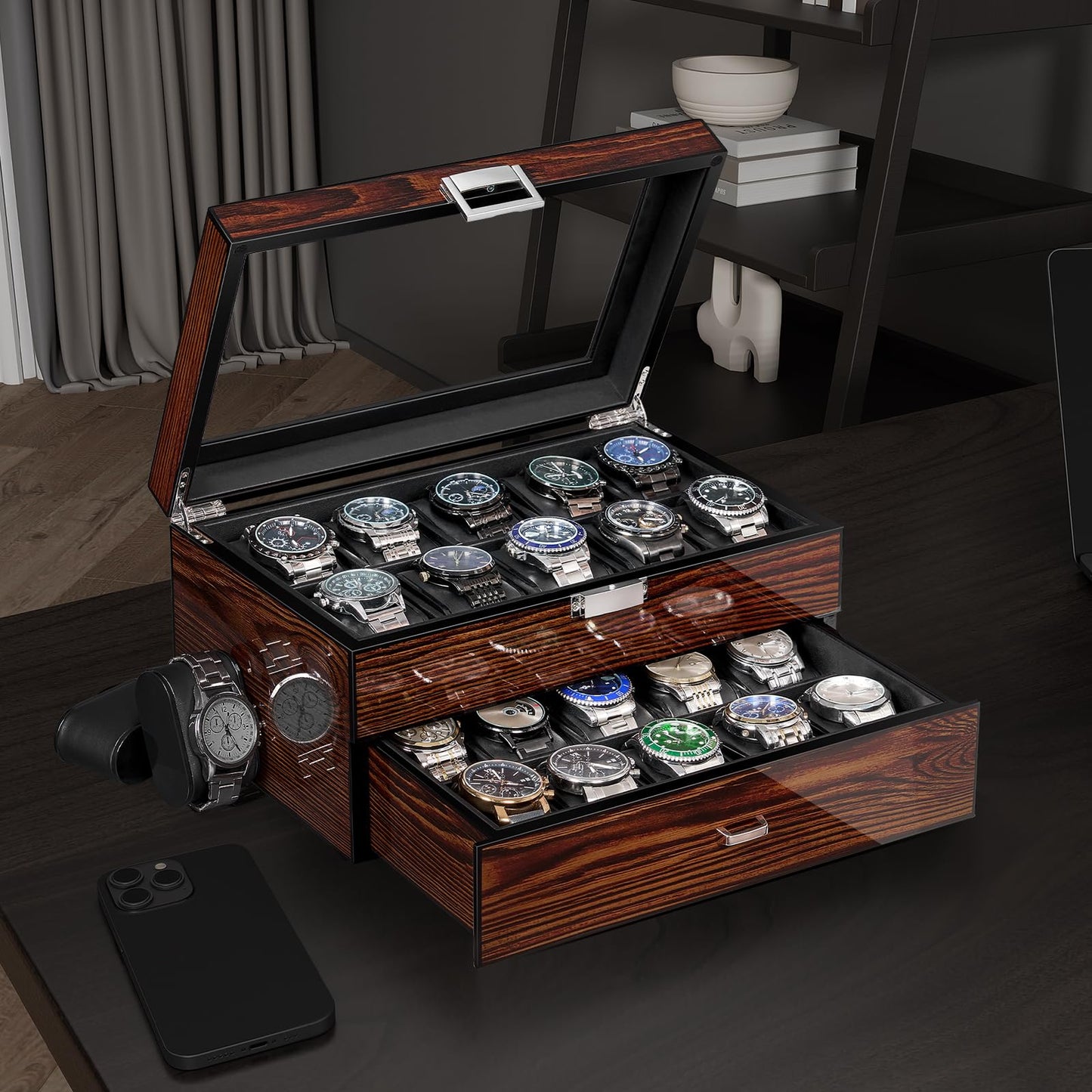 BEWISHOME High-End Watch Box, 20-Slot Watch Case with Large Glass Lid, Wooden Watch Cases for Men, Watch Storage, Watch Organizer, Synthetic Leather Interior, For Father's Day Brown SSH04Y