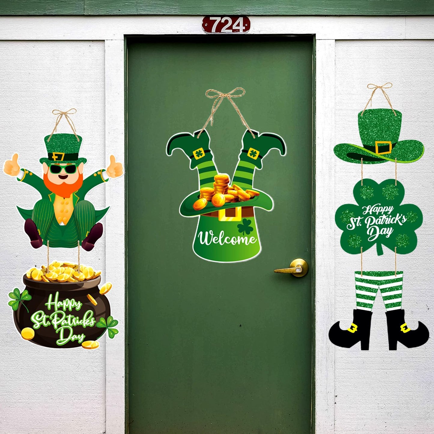 St-Patricks Day Decorations Front-Door Hanger-Decor - 5pcs Green Saint St. Patrick'S Shamrock Hat Party Paper Signs Banner, Irish Home Birthday Anniversary Wall Hanging Garland Lasting Surprise