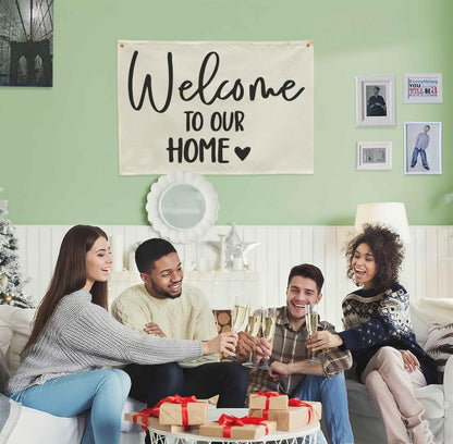 Welcome Party Wall Decor-Home Party Sign Decor-Rectangular Canvas Banner-Entryway Outdoor Garden Front Door Flag-Retirement Housewarming Wedding Birthday Christmas Gift-Welcome to Our Home