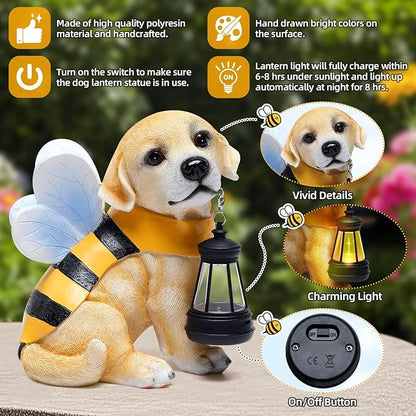 Solar Dog Statues Outdoor Decor, Solar Powered LED Lights Honeybee Puppy Figurines Garden Decorations for Patio Yard Lawn Ornaments Gifts for Dad, Mom or Birthdays