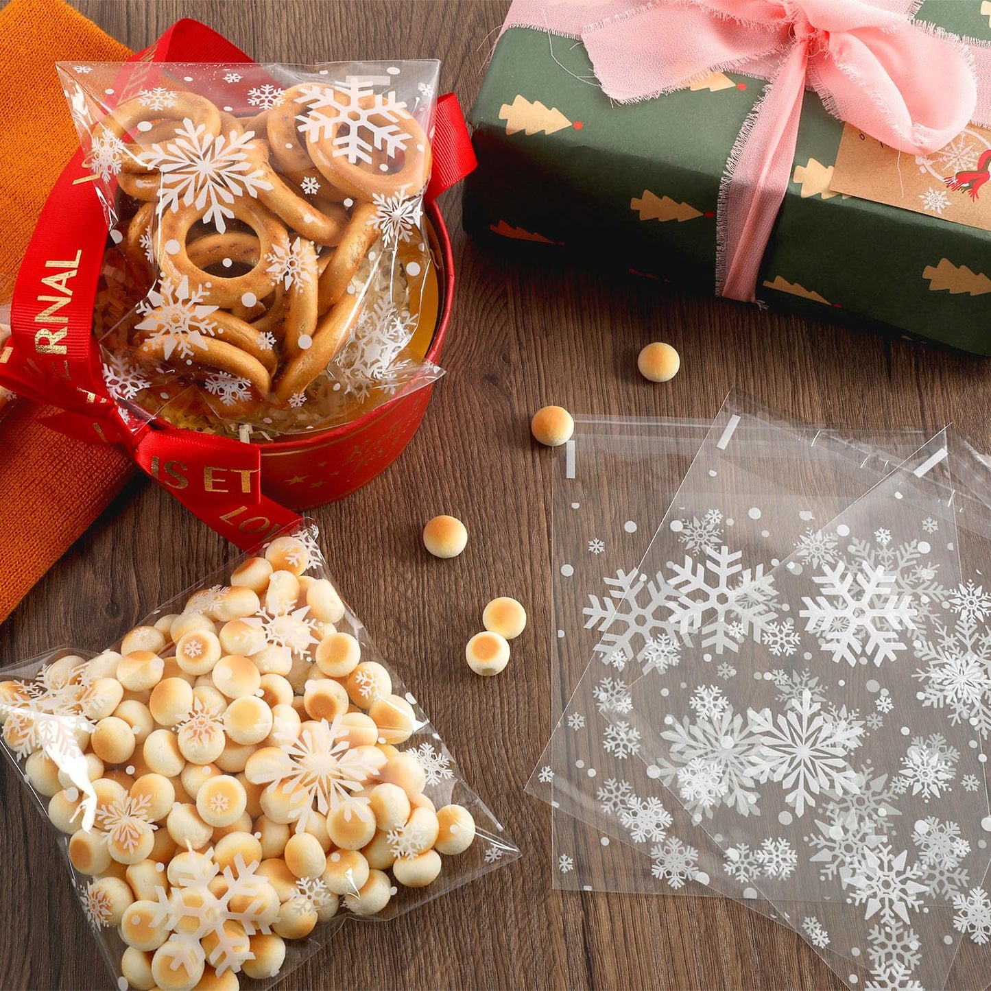 CUDICY Christmas Cookie Bags 200pcs Snowflake Cellophane Treat Bags 5.5x5.5 Self Adhesive Cookie Bag for Gift Giving Packaging Candy Goodie Holiday Homemade Bakery