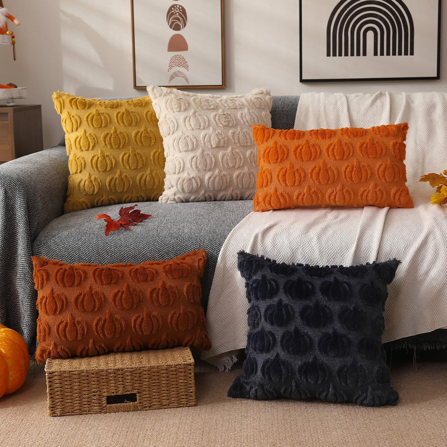 DFXSZ Fall Pillow Covers 18x18 Set of 2 Fall Decorations Autumn Beige Pumpkin Throw Pillow Cases Soft Plush Faux Fur Wool Couch Cushion Case for Chair Sofa Bedroom Living Room Home Decor PTK02B18