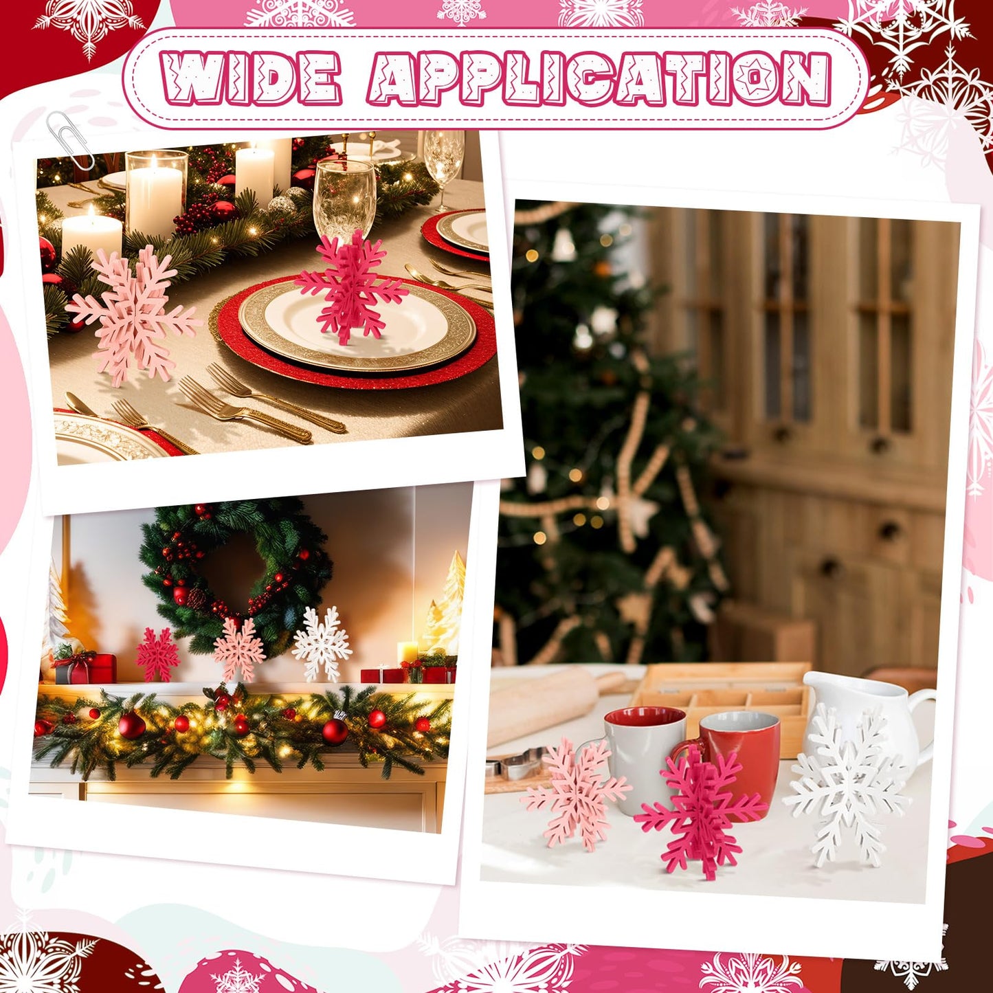Bucherry 12 Pcs Wooden Snowflake Table Decor 3D Snowflake Tabletop Signs and Centerpiece for Frozen Party Christmas Xmas Winter Wonderland Decorations Home Office Mantel(White, Pink, Rose Red)