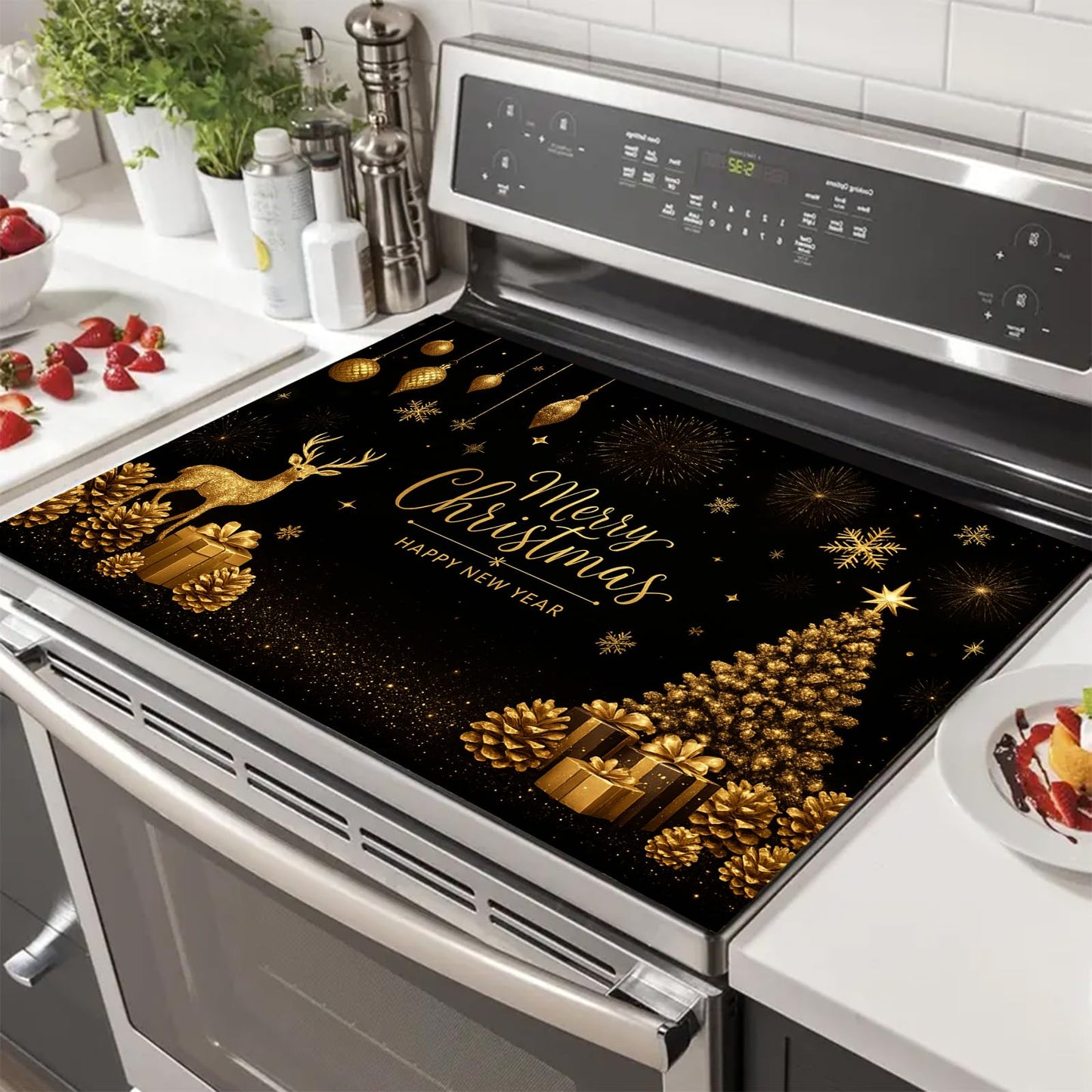 HOMETITUTE Christmas Stove Top Cover 28x20 Inch Glass Top Protector Silicone Cooktop Mat Heat Resistant Stovetop Cover Golden Deer Tree Holiday Kitchen Decoration
