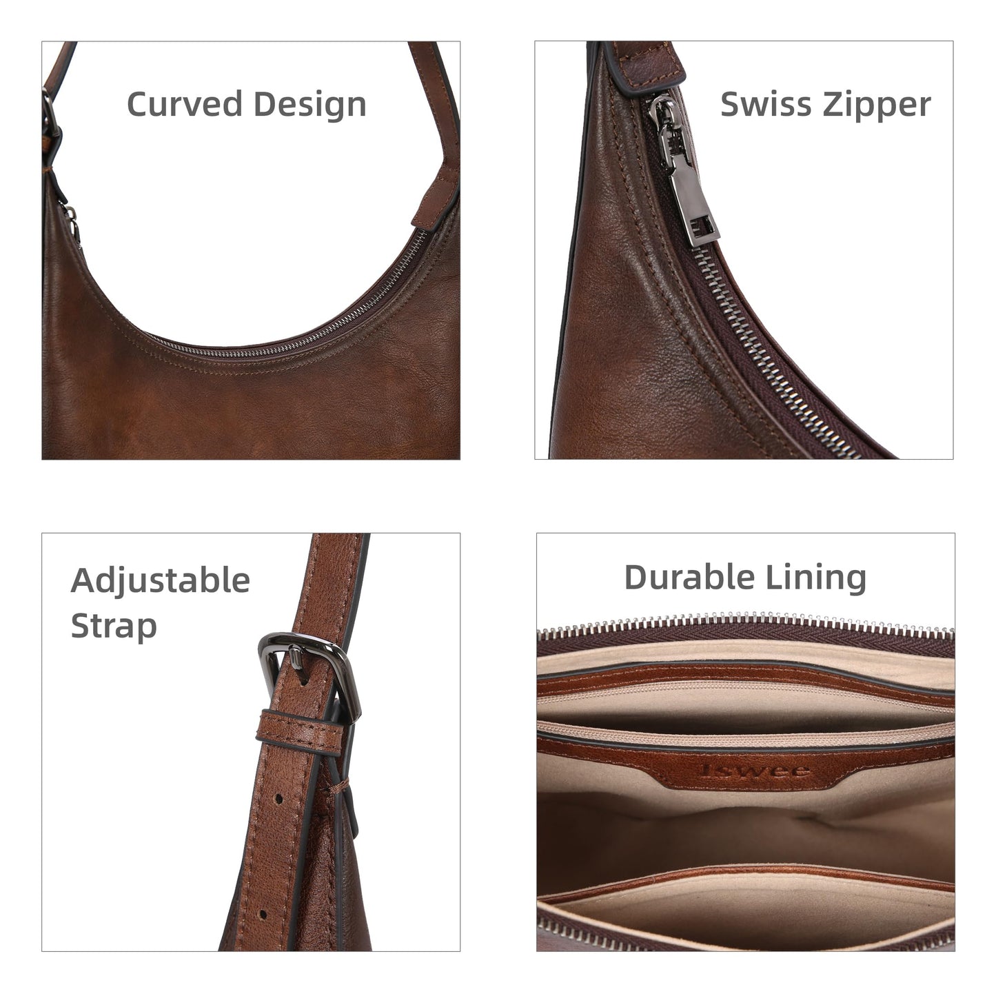 Iswee Leather Crossbody Purses for Women Hobo Shoulder Bag with Wide Strap Versatile Crescent Purse Satchel Bag Work Purse(Coffee)