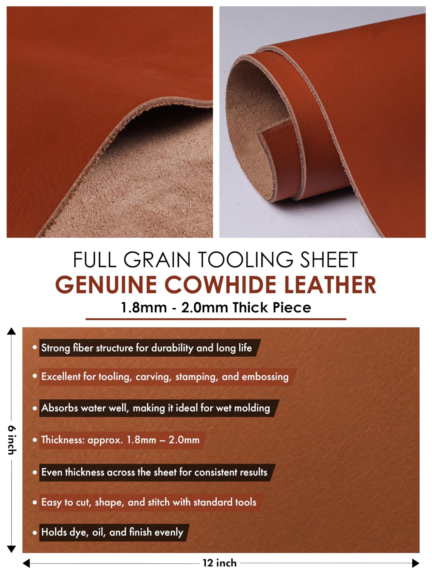 Tooling Leather Full Grain Sheets Genuine Cowhide Leather 1.8mm-2.0mm Thick Piece for Sewing Hobby, Crafting Leather Work Maroon 6"x12"