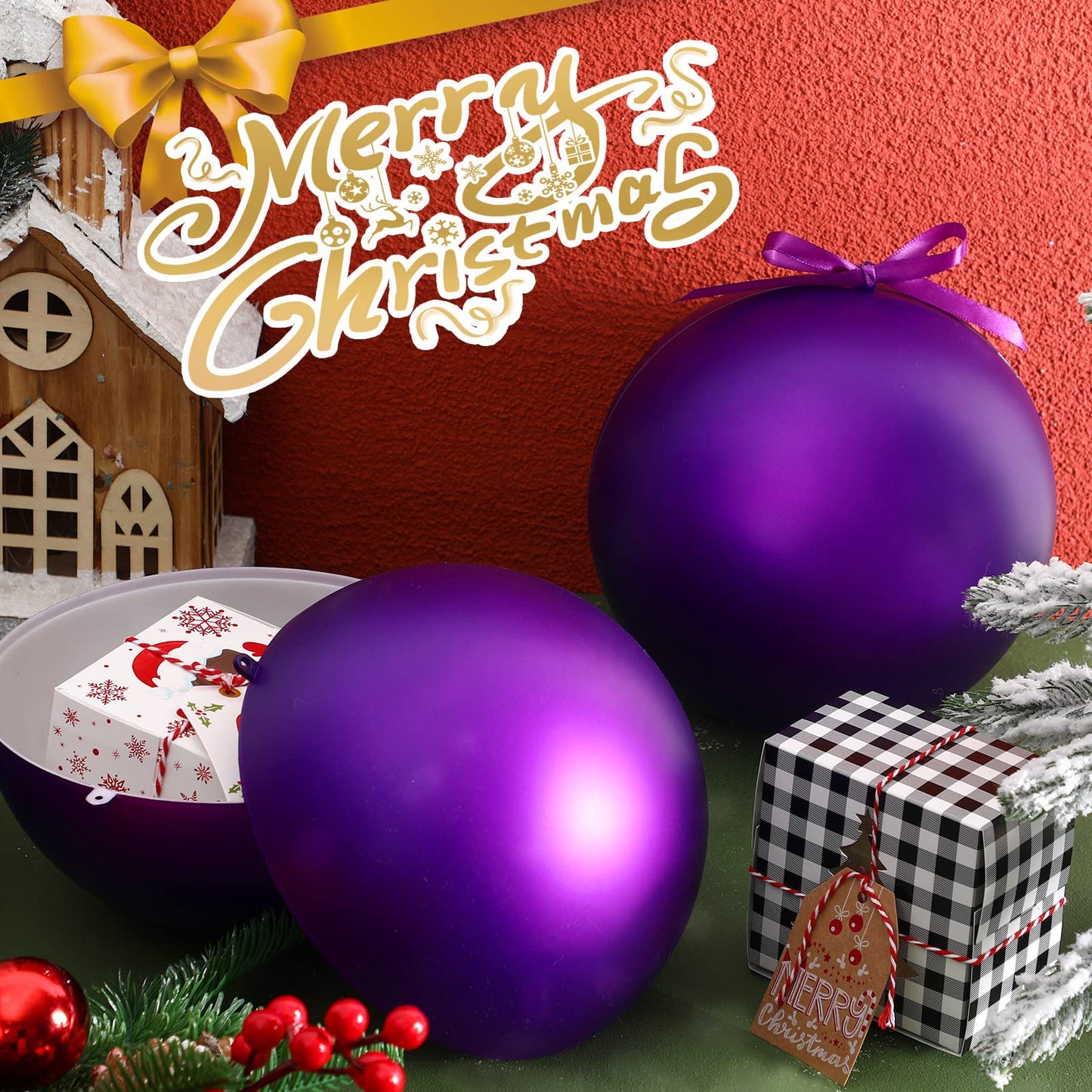 Zubebe 2 Pcs 8" Giant Fillable Christmas Ornaments with Ribbons Oversized Plastic Xmas Balls for Outdoor Lawn Yard Decor, Tree Hanging, Holiday Gifts(Matte Purple)