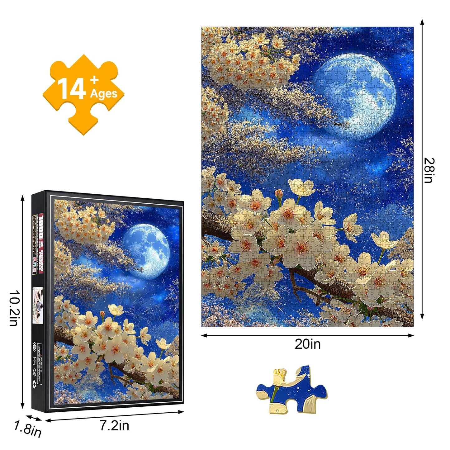1000 Piece Jigsaw Puzzle, White Cherry Blossoms & Full Moon