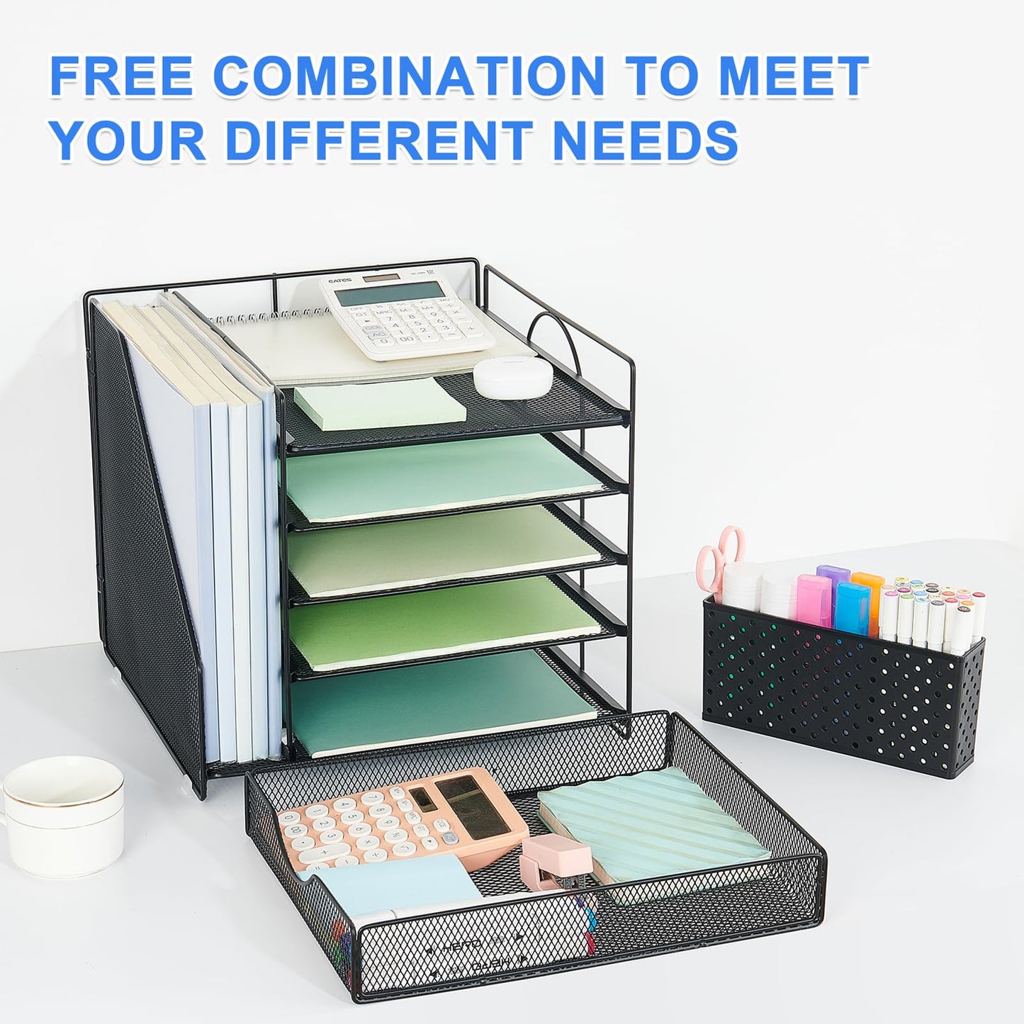OUTIOE Desk Organizer with Drawer and Pen Holder, 5-Tier Paper Letter Tray Organizer with File Holder, Suitable for Workspace Organizer Office Supplies Storage (Black)