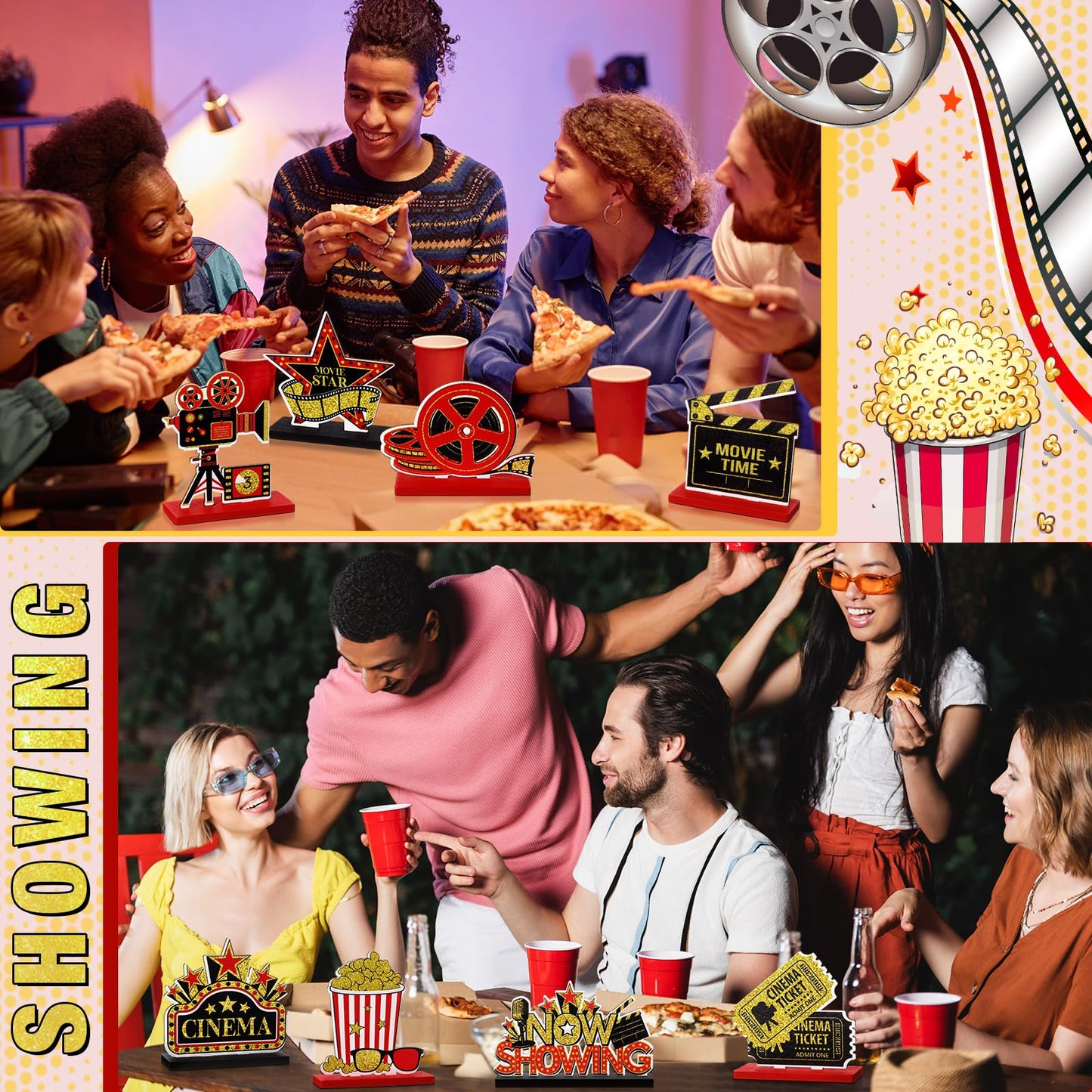 Blosssound 9 Pcs Movie Night Party Decorations Movie Theme Wooden Table Centerpieces Theater Now Showing Table Sign Cinema Popcorn Star Tabletop Decor for Home Film Birthday Party Supplies