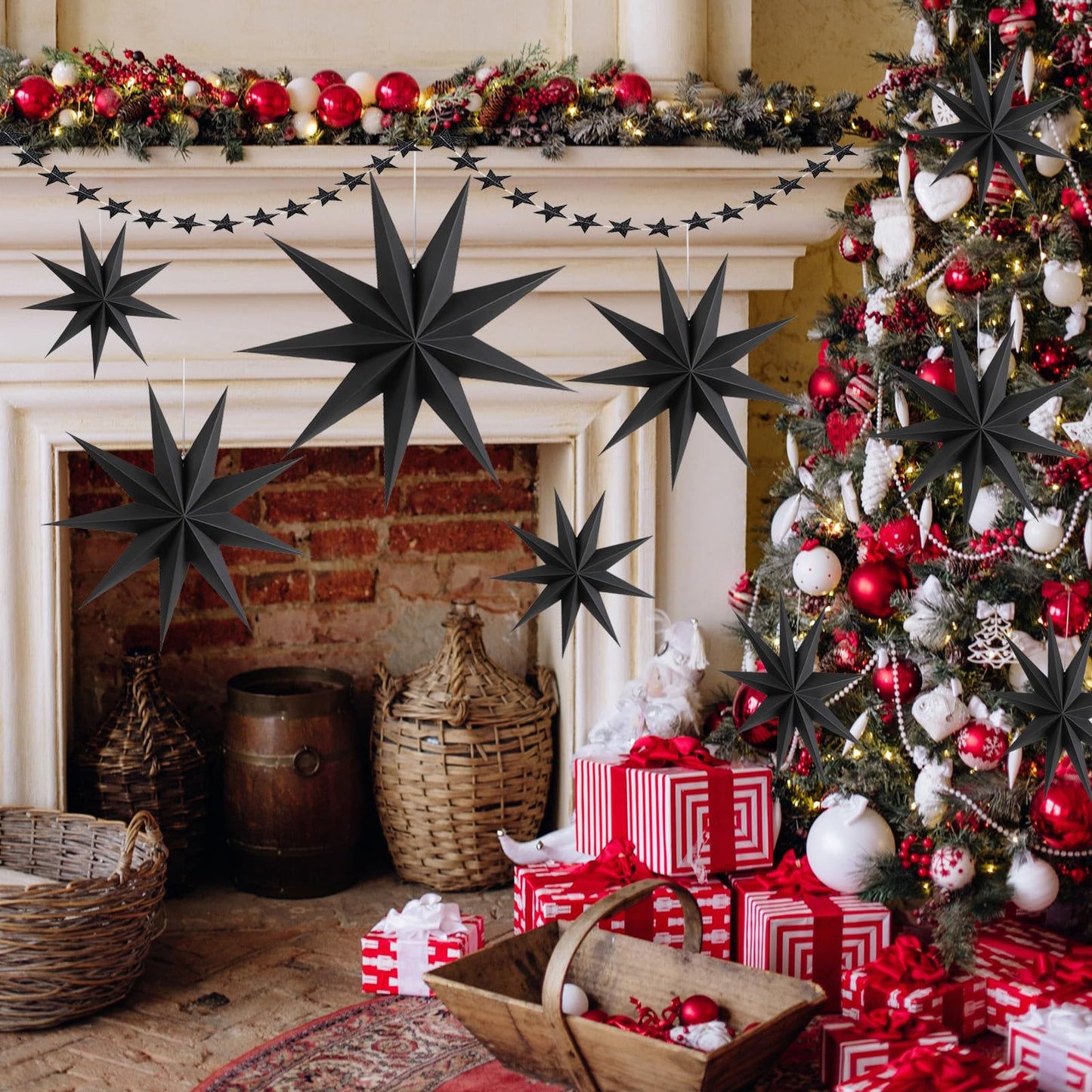 WNSIRVY 12 Pack 9-Pointed Large 3D Paper Star Lanterns Black Hanging Lanterns with Glitter Star Garland for Halloween & Christmas Parties & Weddings & Birthdays