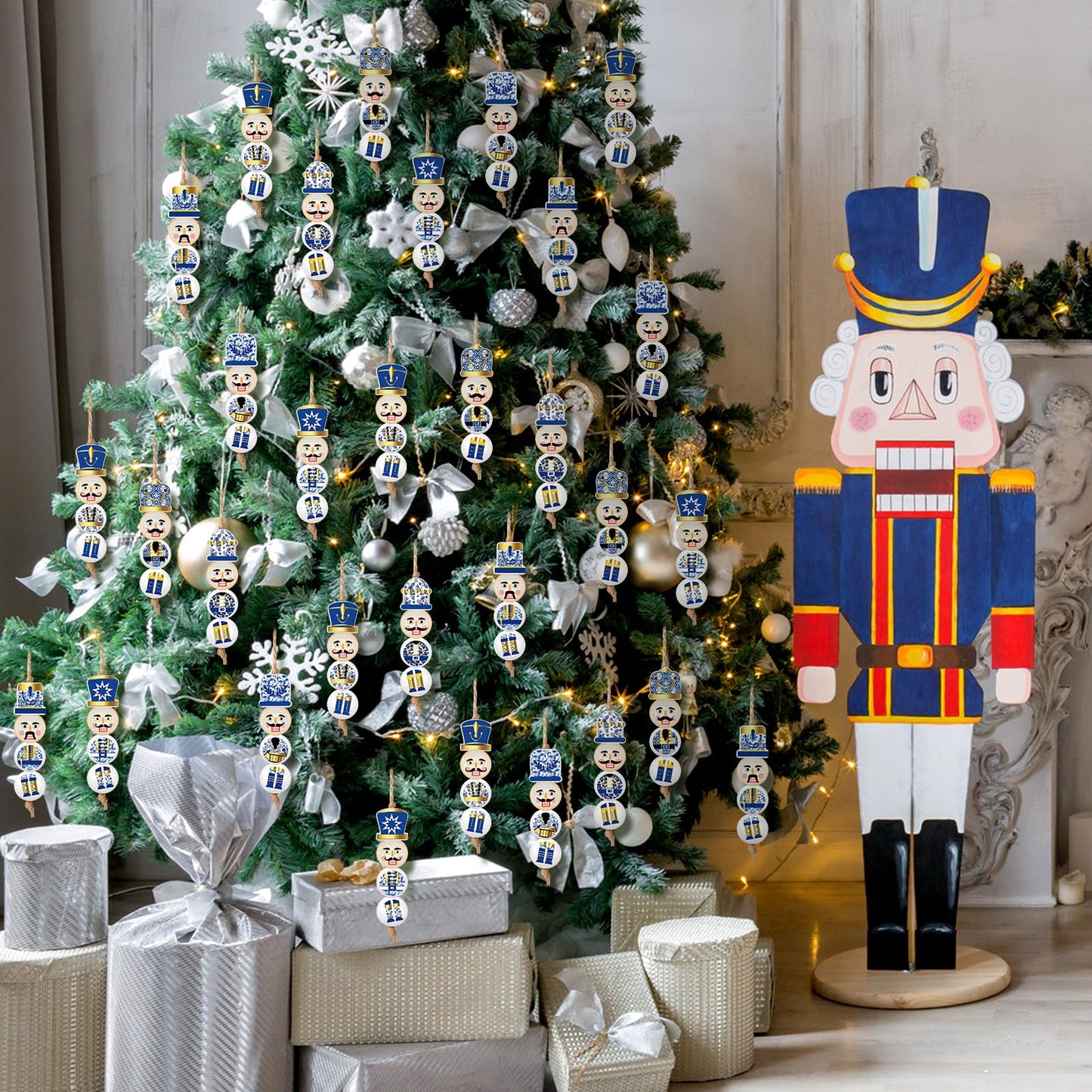 Cinnvoice 240 Pcs Summer Christmas in July Wood Beads with Twine Snowman Gingerbread Man Nutcracker Wooden Bead Garland DIY Crafts Round Beads for Xmas Party Decor(Chinoiserie Nutcracker)