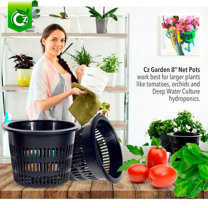 8 inch Net Pots Heavy Duty Round Cups Wide Rim Design - Orchids • Aquaponics • Aquaculture • Hydroponics Slotted Mesh (Cz Garden All Star 5 Pack Black)
