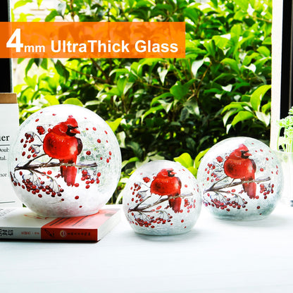 Crackle Glass Ball Cardinal Lamp, Light Up Red Bird Stained Glass Christmas Decor Accent Lamp, Lighted Globe Glass Table Lamp, Orb Cardinal Night Light, Mother's Day Gifts, Led Sphere Desk Lamp
