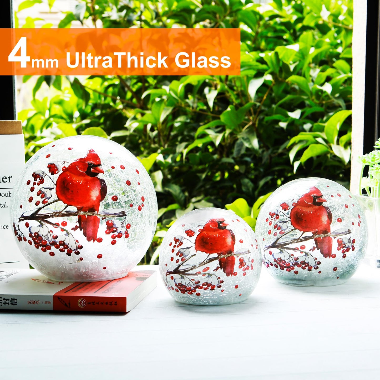 Crackle Glass Ball Cardinal Light Up Red Bird Stained Glass Christmas Decor Accent Globe Night Light, Mother's Day Gifts, Led Sphere Desk Table Lamp