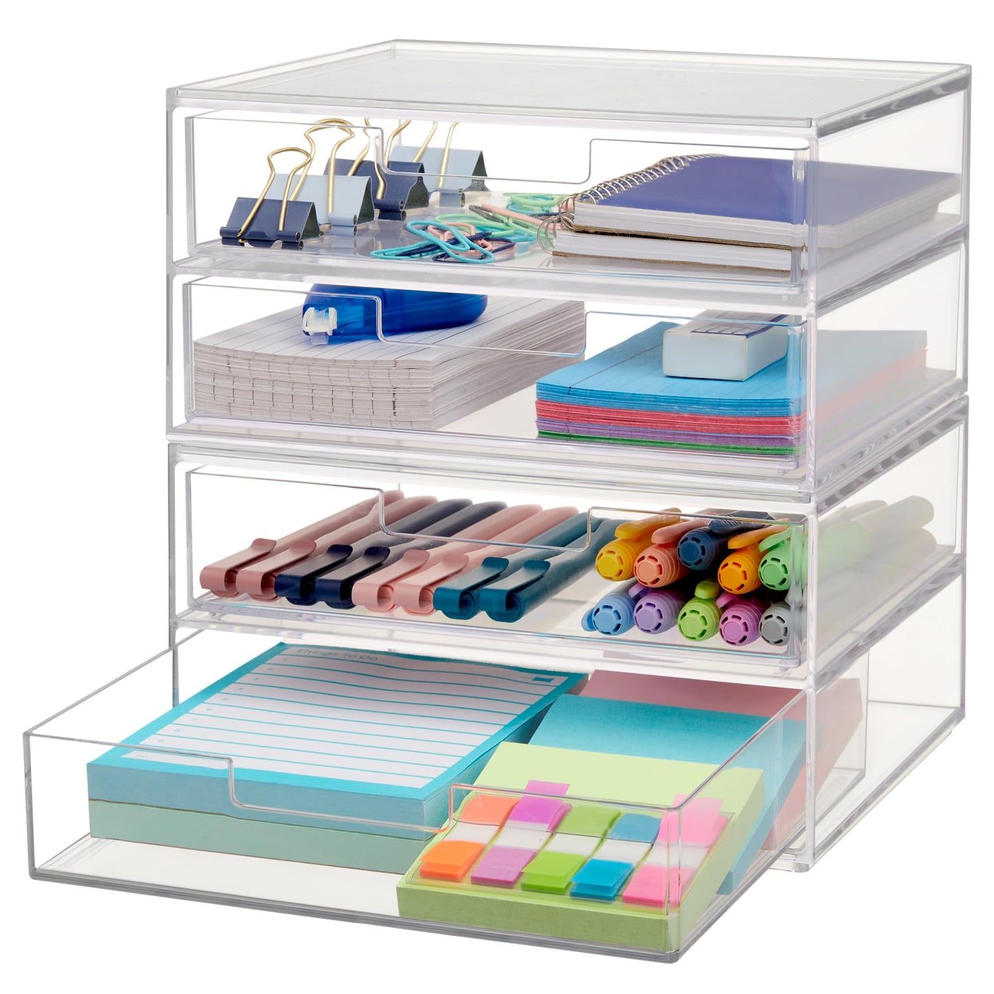 STORi Chloe Space-Saving Clear Drawer Organizer (4 Wide Drawers) Sort Office, Kitchen, Beauty Supplies, Makeup, Pens, Jewelry, Stationary, Made in USA