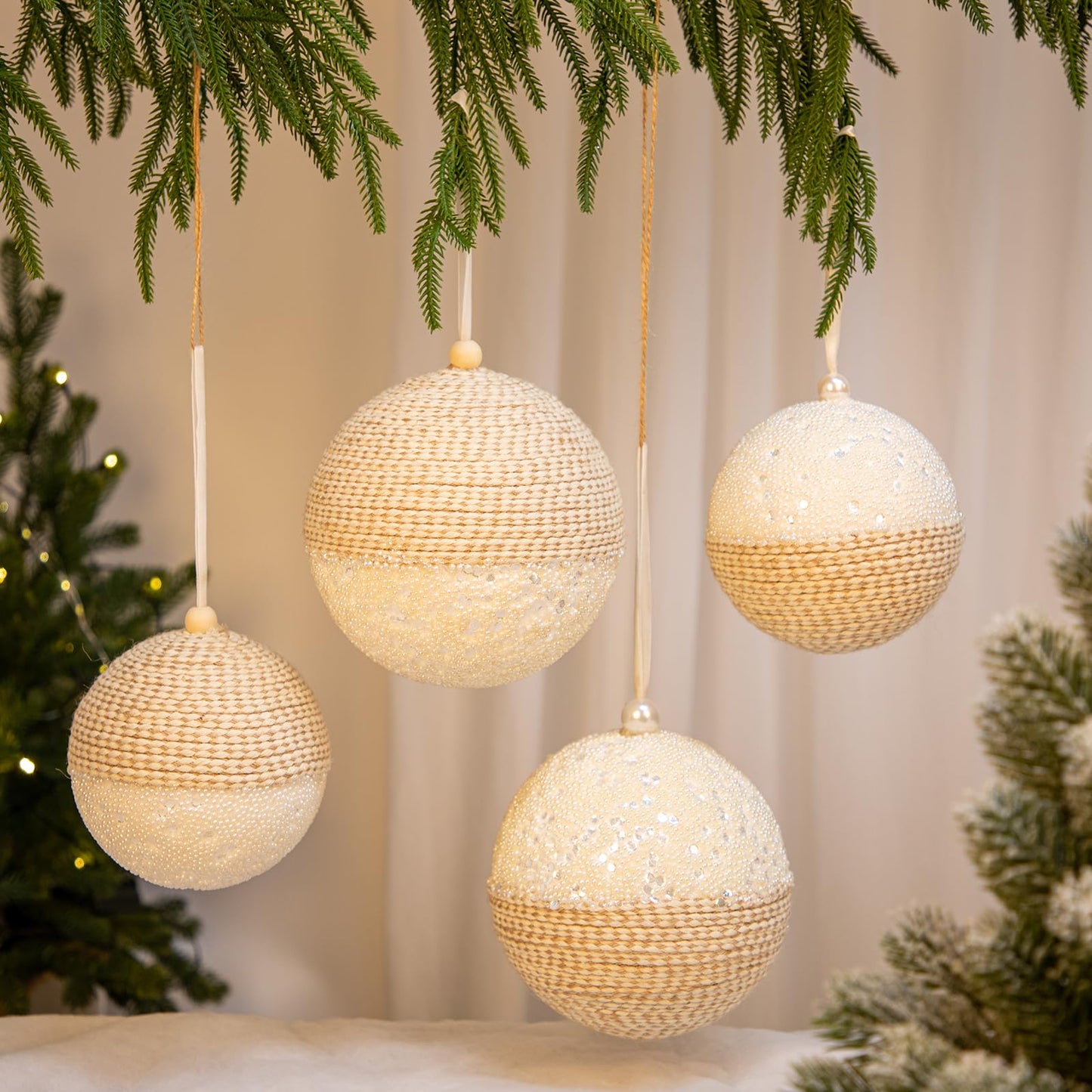 Briful 4.72'' Christmas Ball Ornaments Xmas Trees Decorations, 4PCS Small White Pearl and Textured Weaving Extra-Large Christmas Hanging Balls for Xmas Garland Wreath Mantle Decor