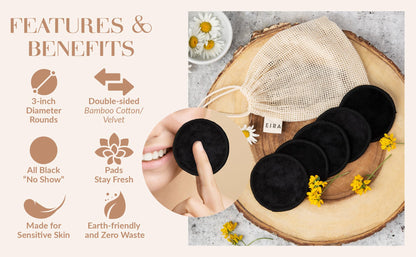 EIRA's Washable Makeup Remover Pads - Black Bamboo Reusable Cotton Rounds with Wooden Holder. Makeup Remover Cloths - Eco-Friendly - Zero Waste Reusable Makeup Remover Pads Set